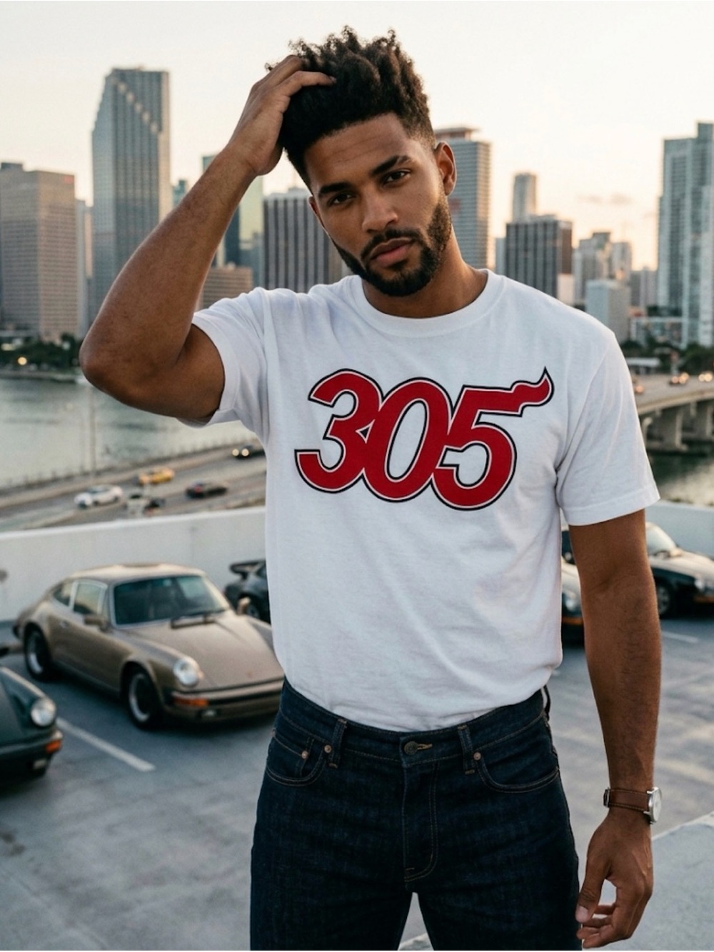 Anvil White Short-Sleeve Tee with Red "305" Graphic
